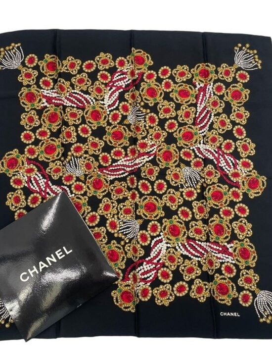 Chanel Scarf Silk Jewel Pattern Black Gold